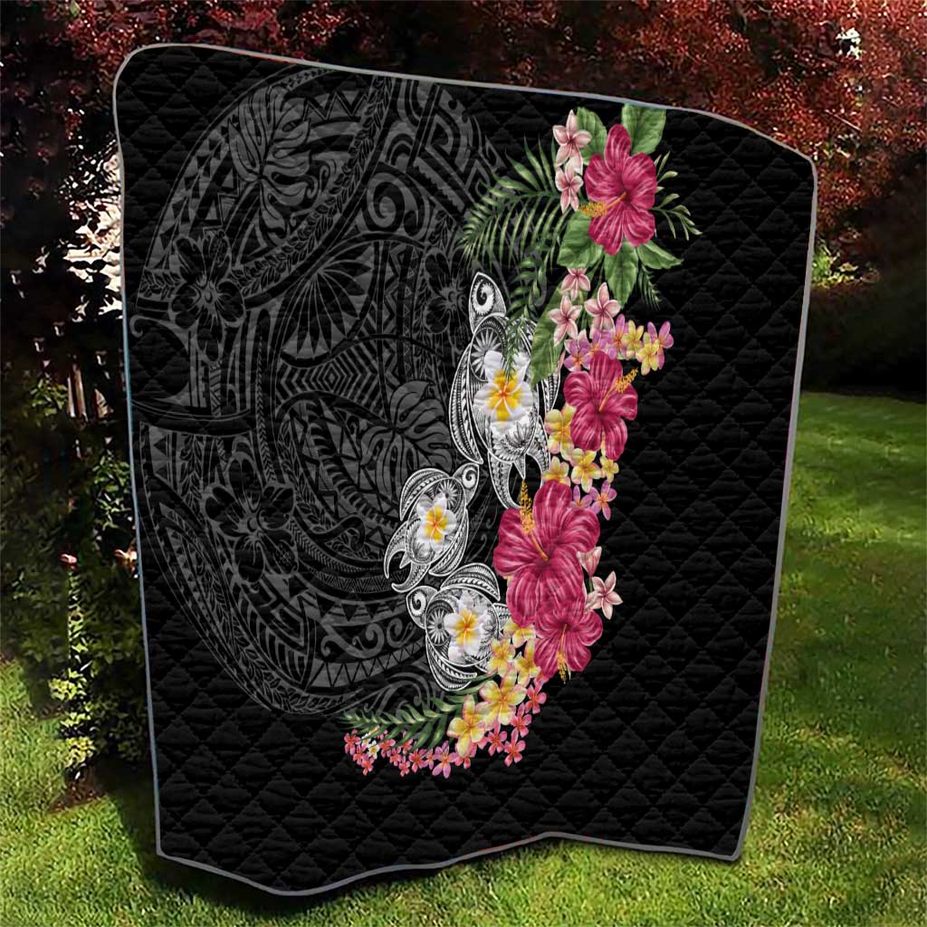 Hawaiian Tropical Flowers and Tribal Turtles Quilt Polynesian Art Motifs Black Color - Polynesian Pride
