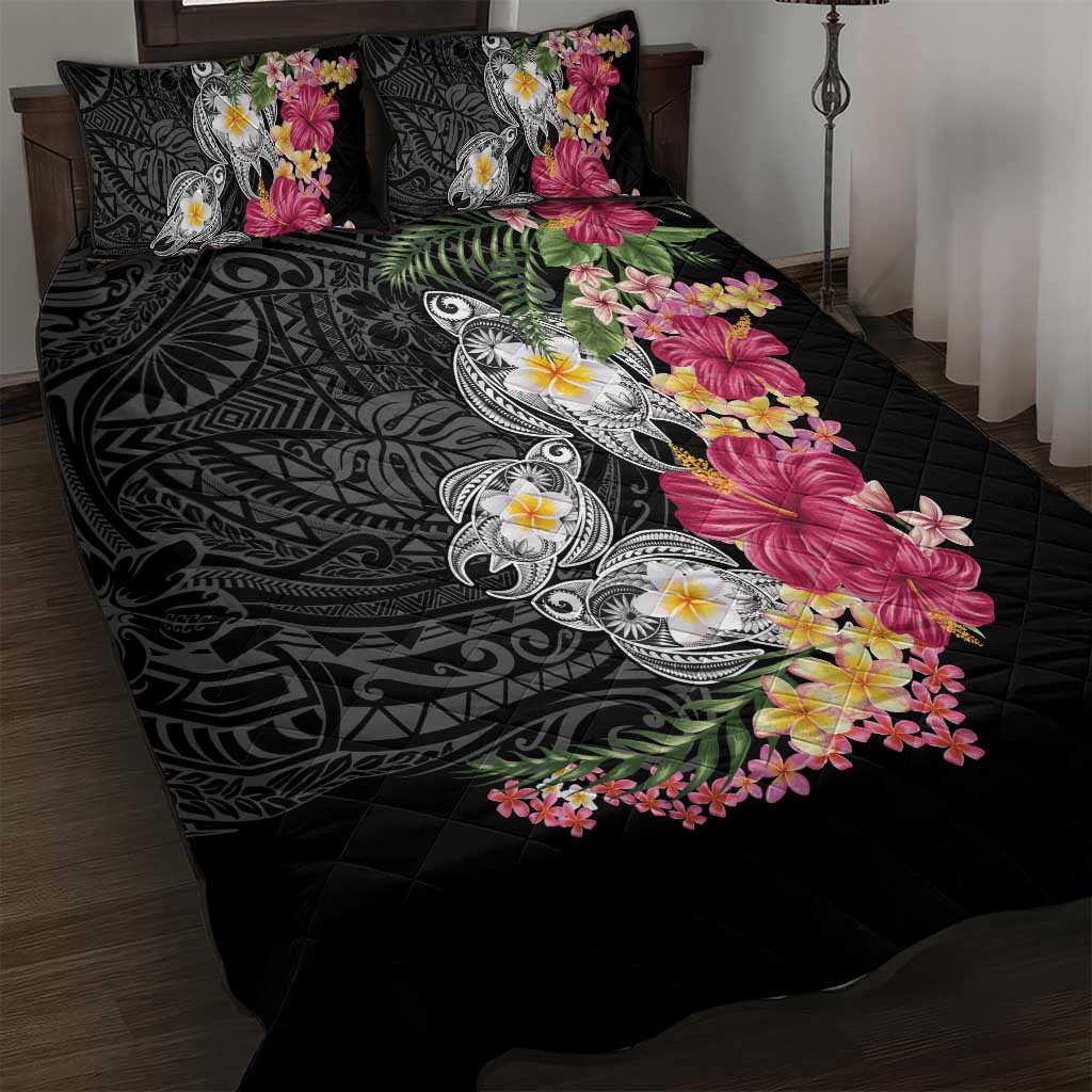 Hawaiian Tropical Flowers and Tribal Turtles Quilt Bed Set Polynesian Art Motifs Black Color - Polynesian Pride