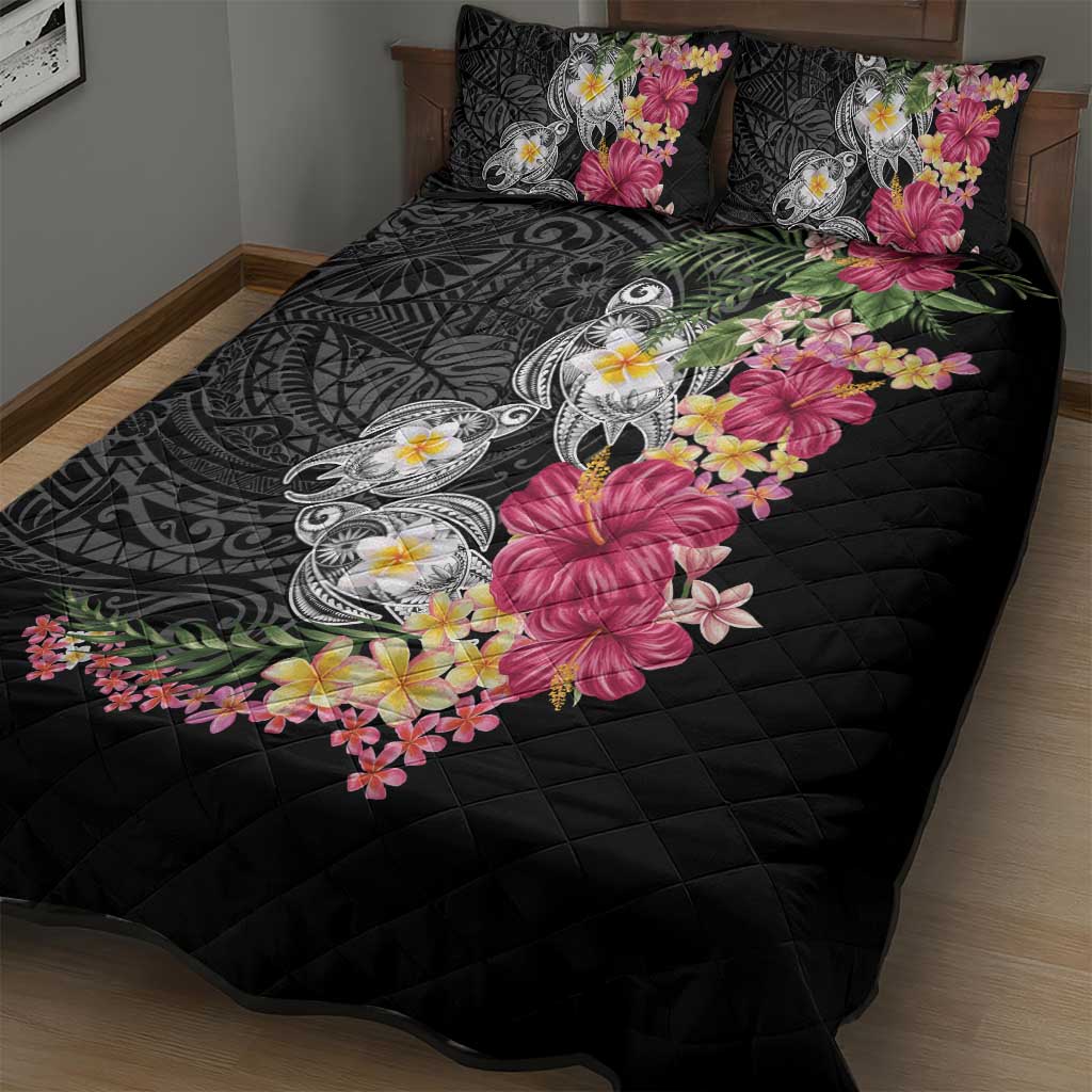 Hawaiian Tropical Flowers and Tribal Turtles Quilt Bed Set Polynesian Art Motifs Black Color - Polynesian Pride