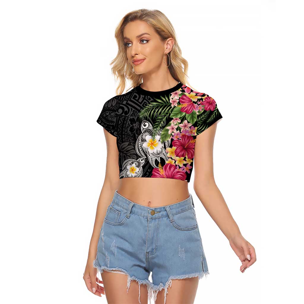 Hawaiian Tropical Flowers and Tribal Turtles Raglan Cropped T Shirt Polynesian Art Motifs Black Color - Polynesian Pride