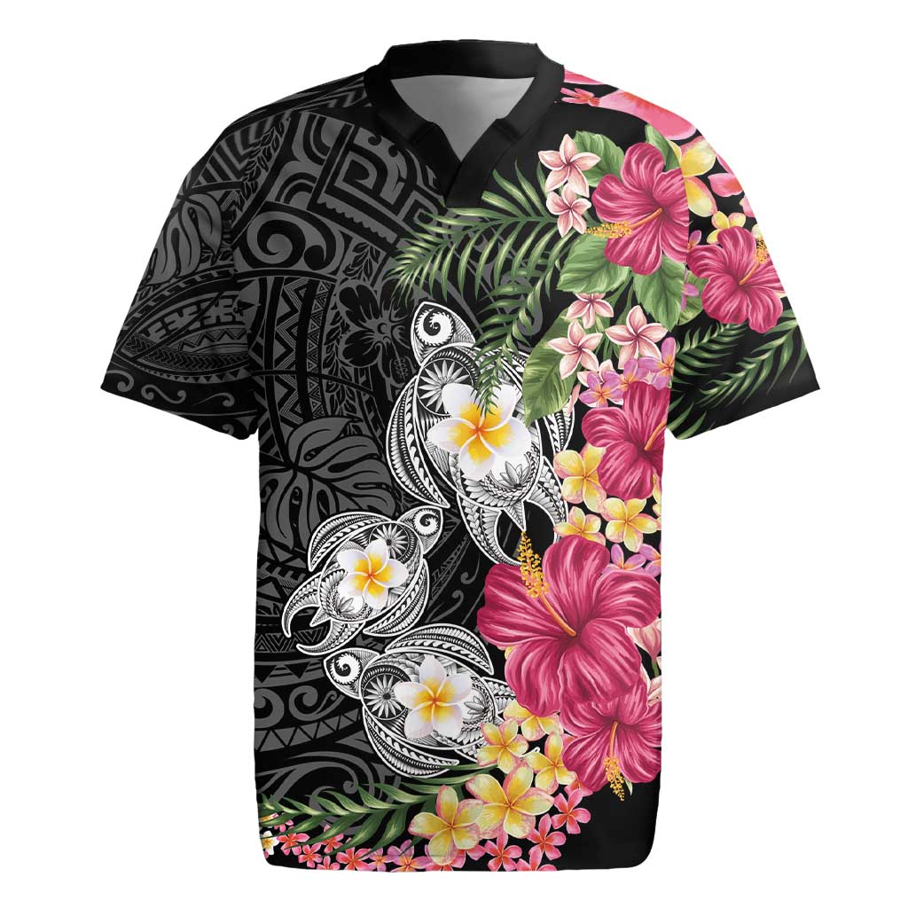 Hawaiian Tropical Flowers and Tribal Turtles Rugby Jersey Polynesian Art Motifs Black Color - Polynesian Pride