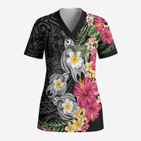 Hawaiian Tropical Flowers and Tribal Turtles Scrub Top Polynesian Art Motifs Black Color - Polynesian Pride