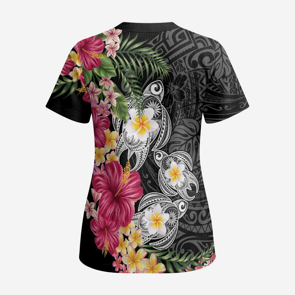 Hawaiian Tropical Flowers and Tribal Turtles Scrub Top Polynesian Art Motifs Black Color - Polynesian Pride