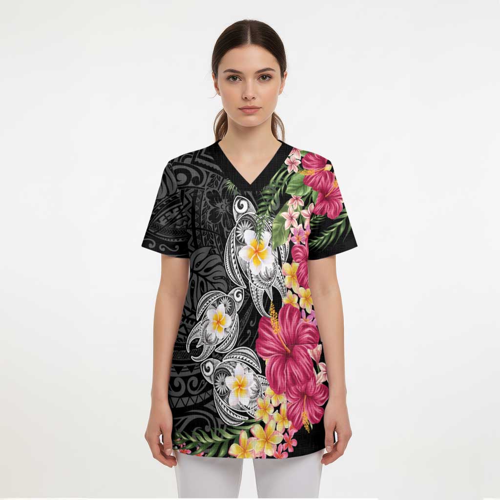 Hawaiian Tropical Flowers and Tribal Turtles Scrub Top Polynesian Art Motifs Black Color - Polynesian Pride