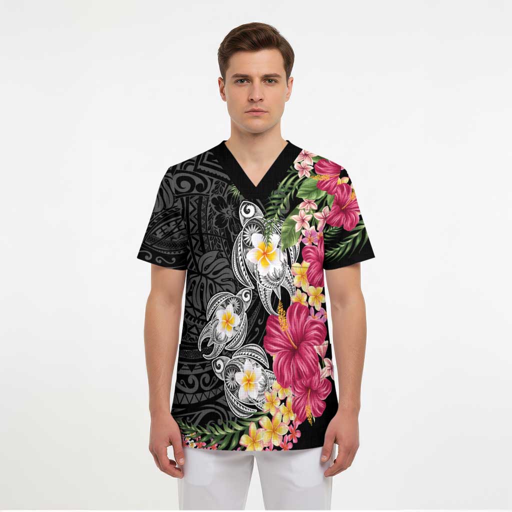 Hawaiian Tropical Flowers and Tribal Turtles Scrub Top Polynesian Art Motifs Black Color - Polynesian Pride