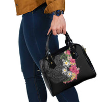 Hawaiian Tropical Flowers and Tribal Turtles Shoulder Handbag Polynesian Art Motifs Black Color - Polynesian Pride
