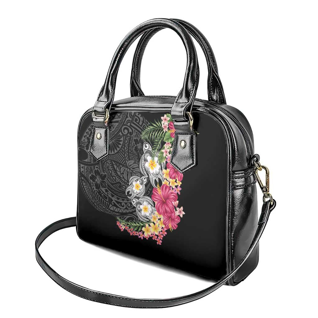 Hawaiian Tropical Flowers and Tribal Turtles Shoulder Handbag Polynesian Art Motifs Black Color - Polynesian Pride
