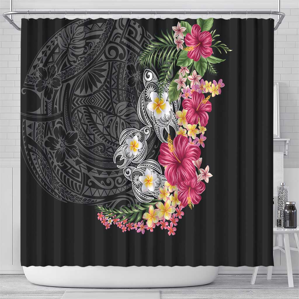 Hawaiian Tropical Flowers and Tribal Turtles Shower Curtain Polynesian Art Motifs Black Color - Polynesian Pride