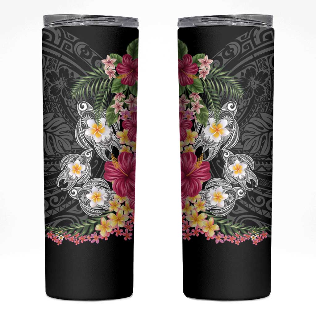 Hawaiian Tropical Flowers and Tribal Turtles Skinny Tumbler Polynesian Art Motifs Black Color - Polynesian Pride