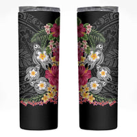 Hawaiian Tropical Flowers and Tribal Turtles Skinny Tumbler Polynesian Art Motifs Black Color - Polynesian Pride