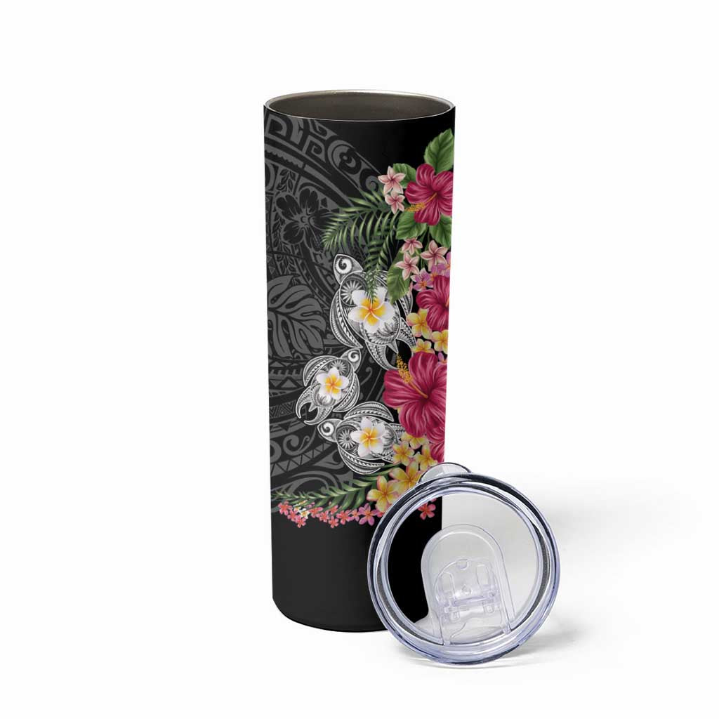 Hawaiian Tropical Flowers and Tribal Turtles Skinny Tumbler Polynesian Art Motifs Black Color - Polynesian Pride