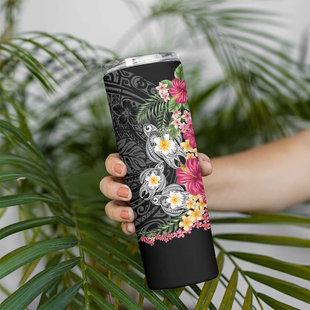 Hawaiian Tropical Flowers and Tribal Turtles Skinny Tumbler Polynesian Art Motifs Black Color - Polynesian Pride