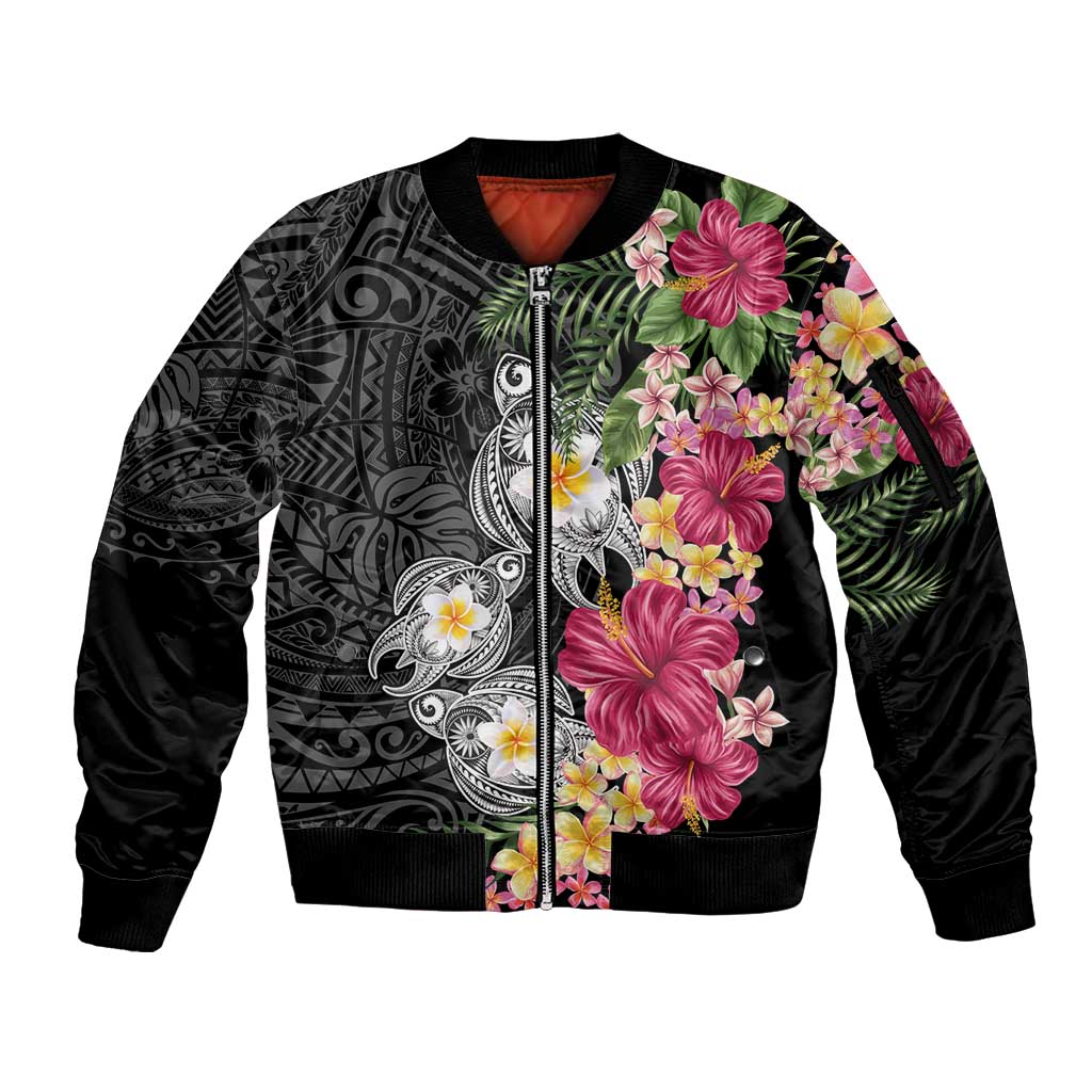 Hawaiian Tropical Flowers and Tribal Turtles Sleeve Zip Bomber Jacket Polynesian Art Motifs Black Color - Polynesian Pride