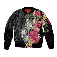Hawaiian Tropical Flowers and Tribal Turtles Sleeve Zip Bomber Jacket Polynesian Art Motifs Black Color - Polynesian Pride