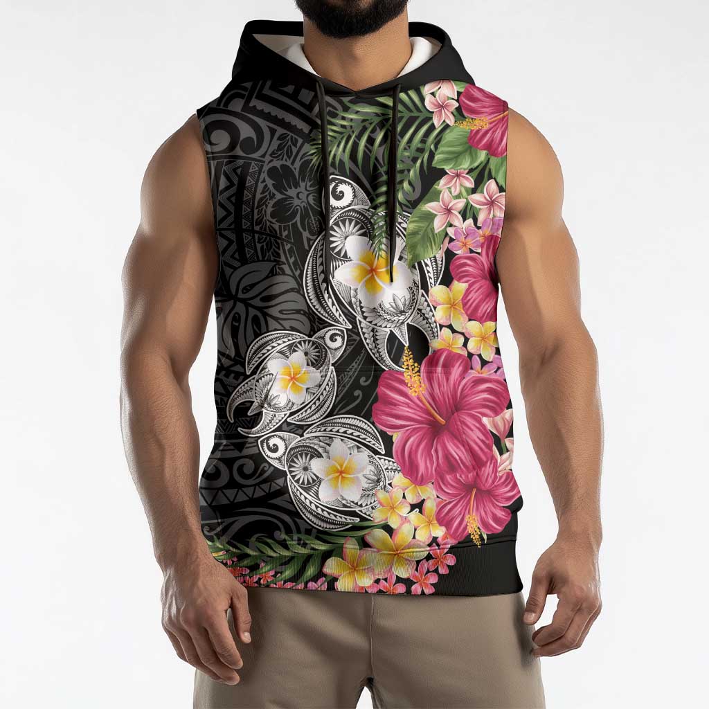 Hawaiian Tropical Flowers and Tribal Turtles Sleeveless Hoodie Polynesian Art Motifs Black Color - Polynesian Pride
