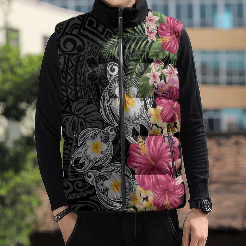 Hawaiian Tropical Flowers and Tribal Turtles Sleeveless Puffer Jacket Polynesian Art Motifs Black Color - Polynesian Pride
