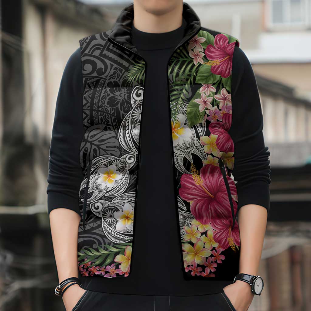 Hawaiian Tropical Flowers and Tribal Turtles Sleeveless Puffer Jacket Polynesian Art Motifs Black Color - Polynesian Pride