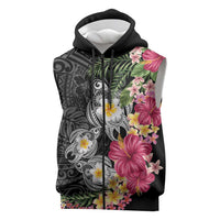 Hawaiian Tropical Flowers and Tribal Turtles Sleeveless Zip Hoodie Polynesian Art Motifs Black Color - Polynesian Pride