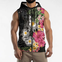 Hawaiian Tropical Flowers and Tribal Turtles Sleeveless Zip Hoodie Polynesian Art Motifs Black Color - Polynesian Pride