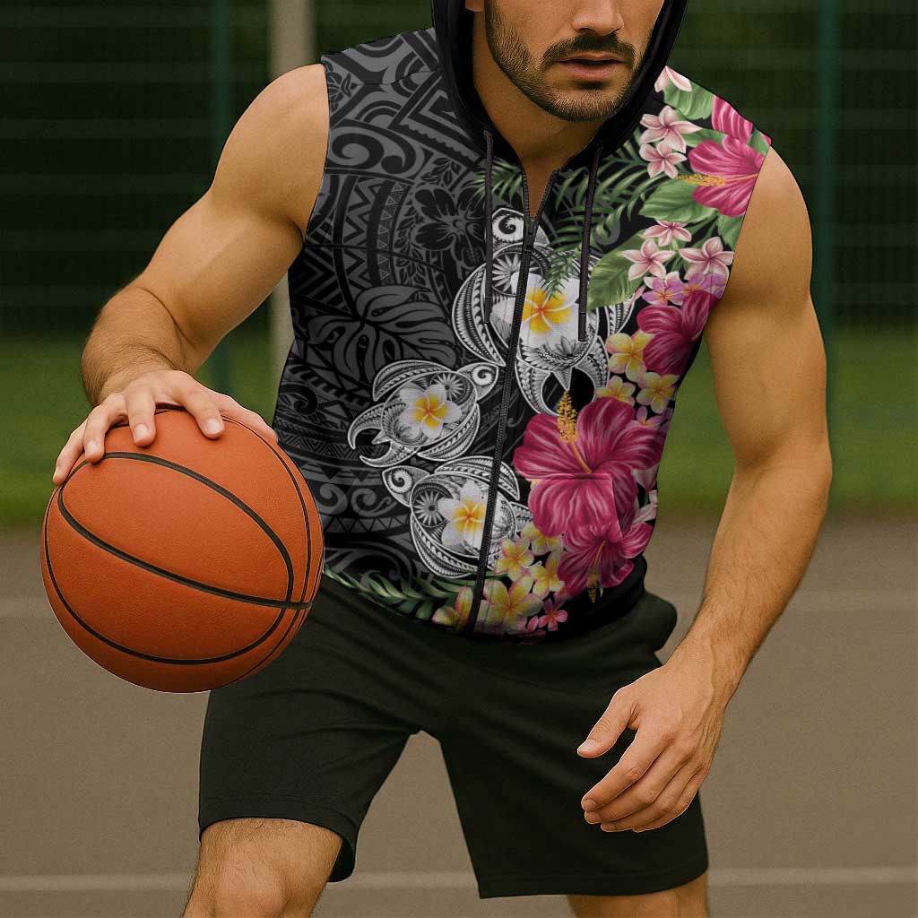 Hawaiian Tropical Flowers and Tribal Turtles Sleeveless Zip Hoodie Polynesian Art Motifs Black Color - Polynesian Pride