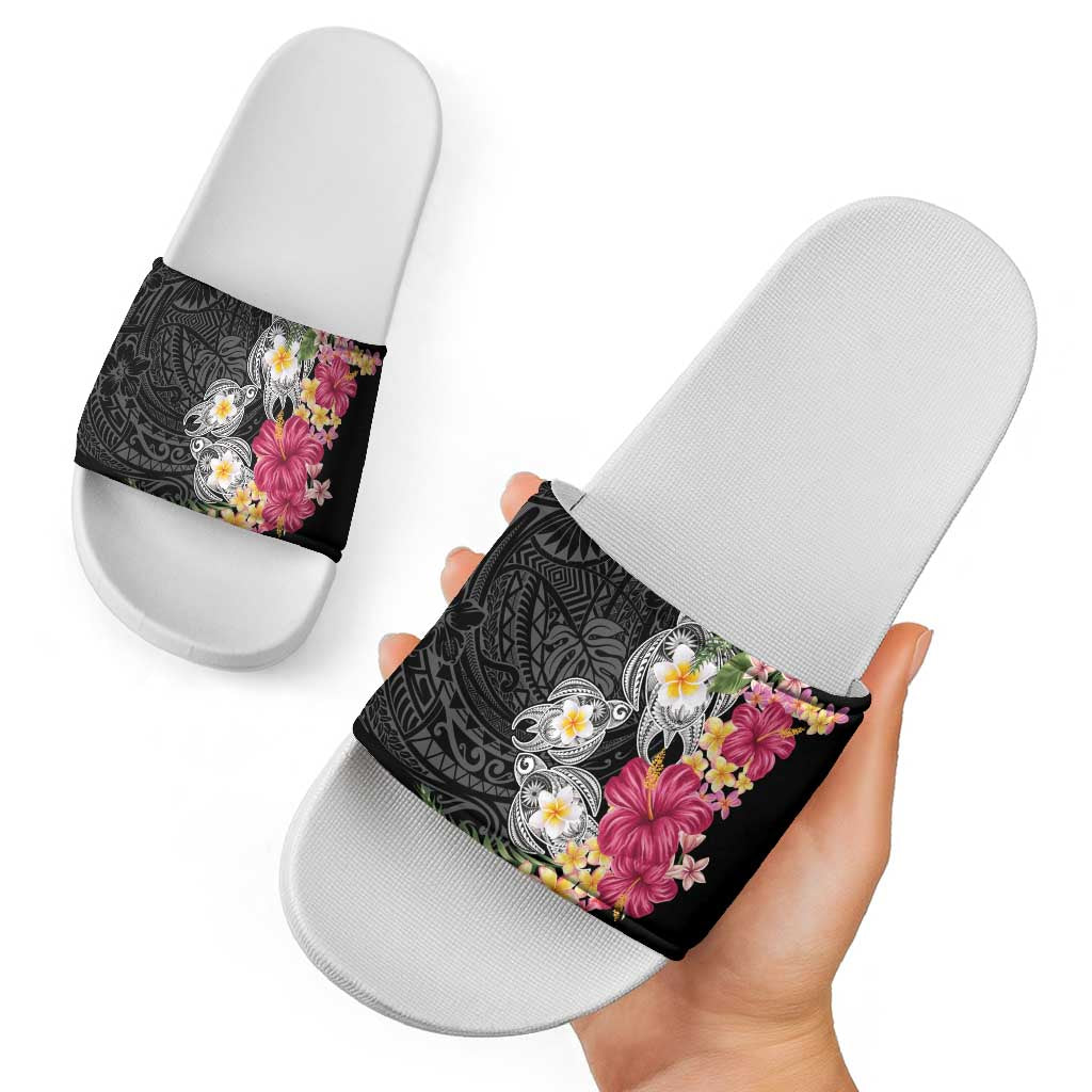 Hawaiian Tropical Flowers and Tribal Turtles Slide Sandals Polynesian Art Motifs Black Color - Polynesian Pride