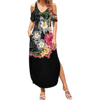 Hawaiian Tropical Flowers and Tribal Turtles Summer Maxi Dress Polynesian Art Motifs Black Color - Polynesian Pride