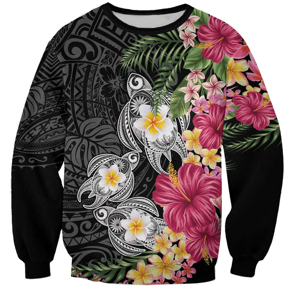Hawaiian Tropical Flowers and Tribal Turtles Sweatshirt Polynesian Art Motifs Black Color - Polynesian Pride