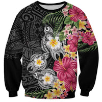 Hawaiian Tropical Flowers and Tribal Turtles Sweatshirt Polynesian Art Motifs Black Color - Polynesian Pride