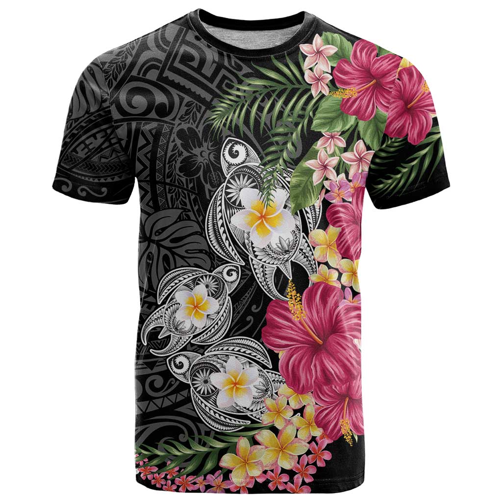 Hawaiian Tropical Flowers and Tribal Turtles T Shirt Polynesian Art Motifs Black Color - Polynesian Pride