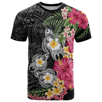 Hawaiian Tropical Flowers and Tribal Turtles T Shirt Polynesian Art Motifs Black Color - Polynesian Pride