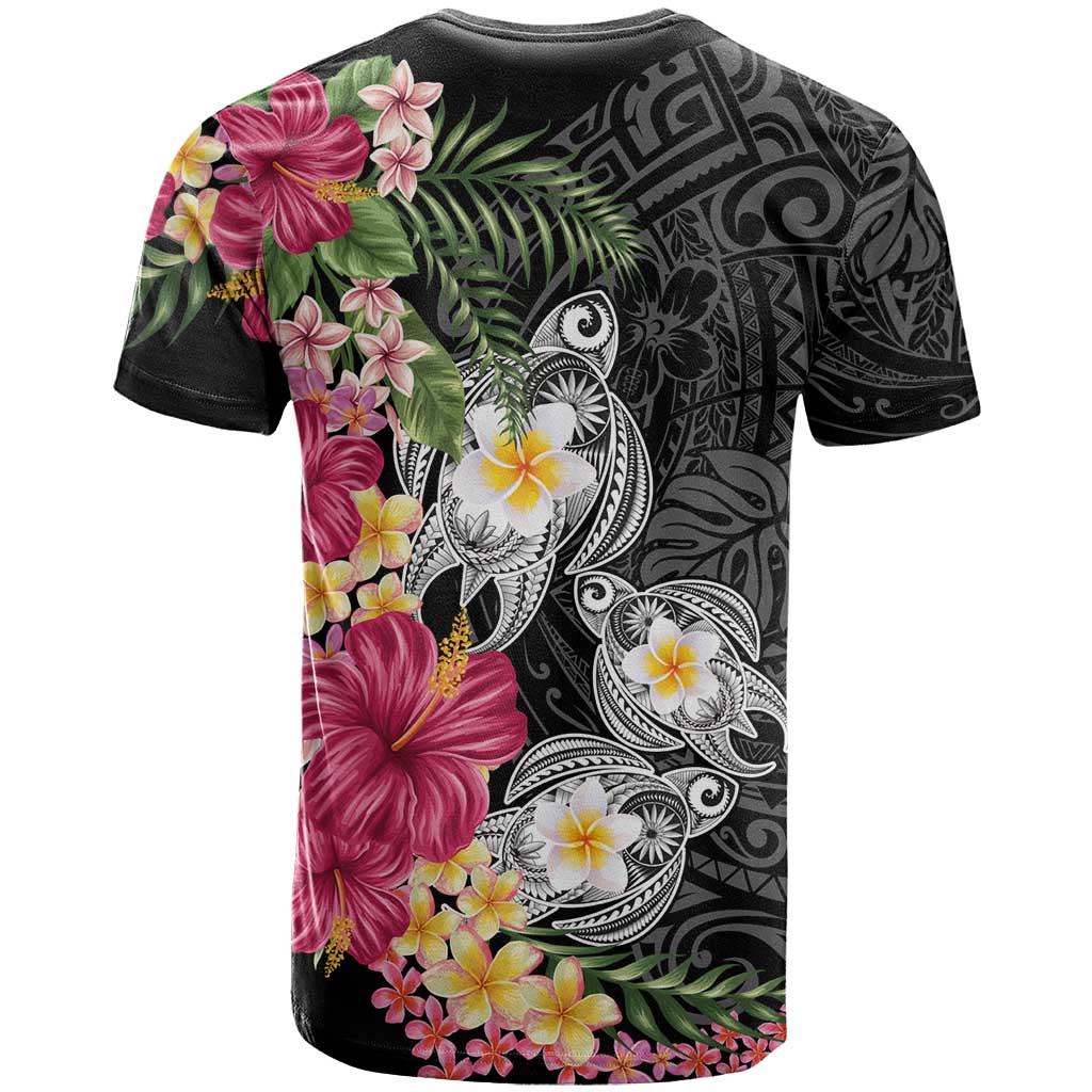 Hawaiian Tropical Flowers and Tribal Turtles T Shirt Polynesian Art Motifs Black Color - Polynesian Pride