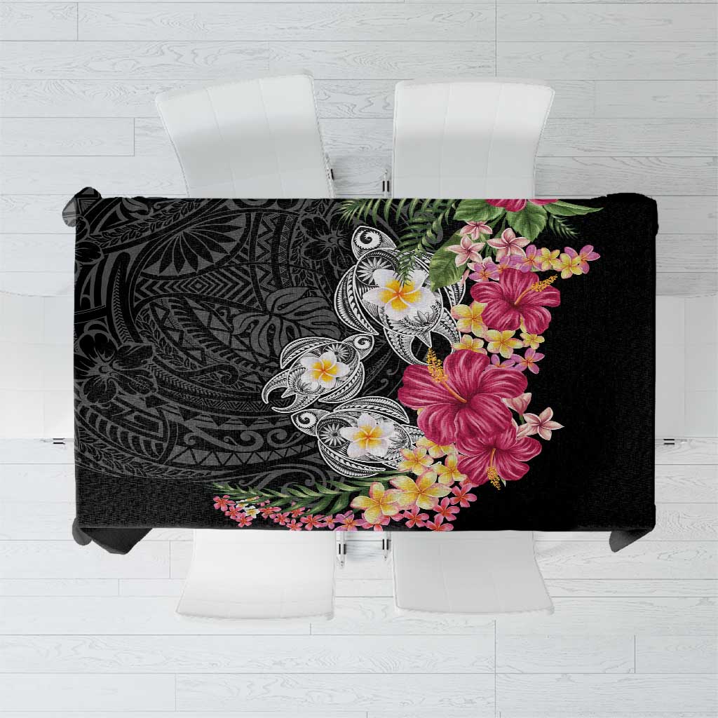 Hawaiian Tropical Flowers and Tribal Turtles Tablecloth Polynesian Art Motifs Black Color - Polynesian Pride