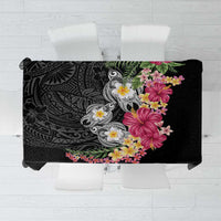 Hawaiian Tropical Flowers and Tribal Turtles Tablecloth Polynesian Art Motifs Black Color - Polynesian Pride