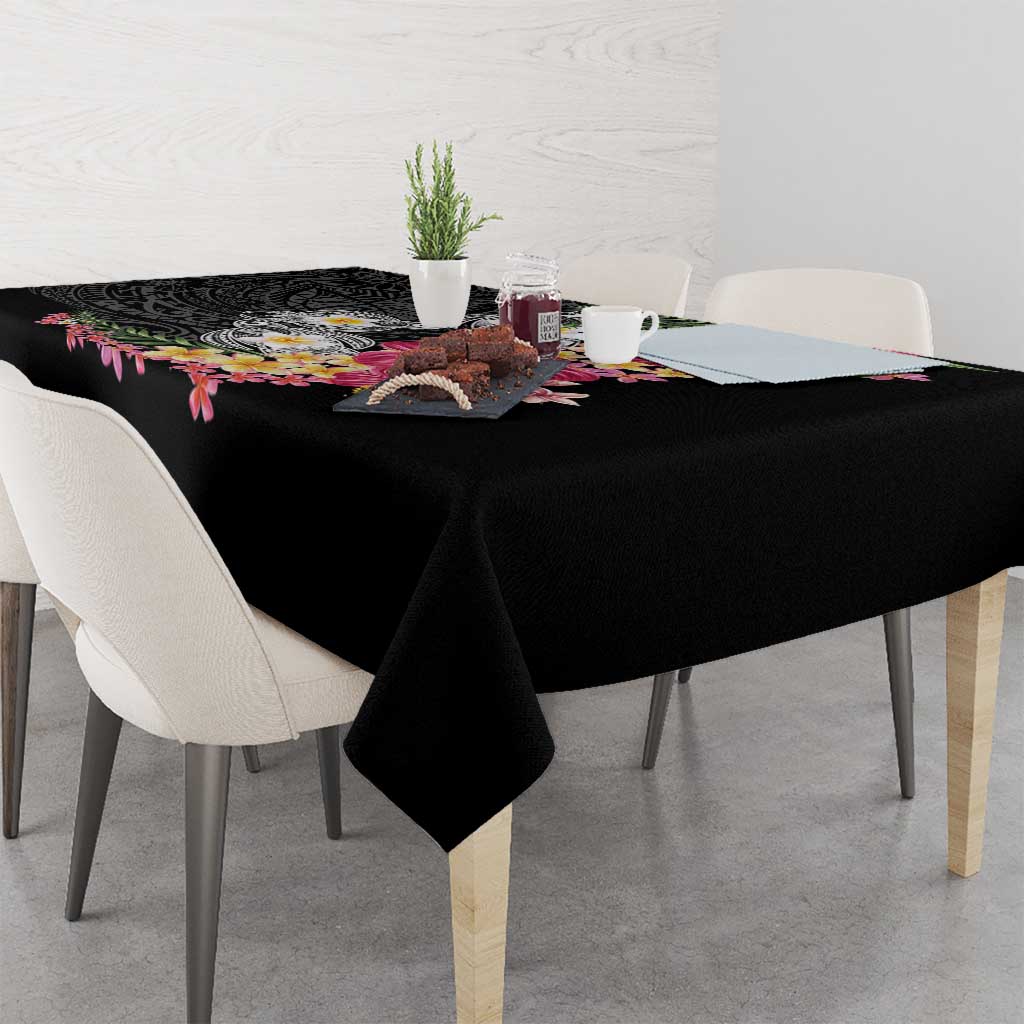 Hawaiian Tropical Flowers and Tribal Turtles Tablecloth Polynesian Art Motifs Black Color - Polynesian Pride