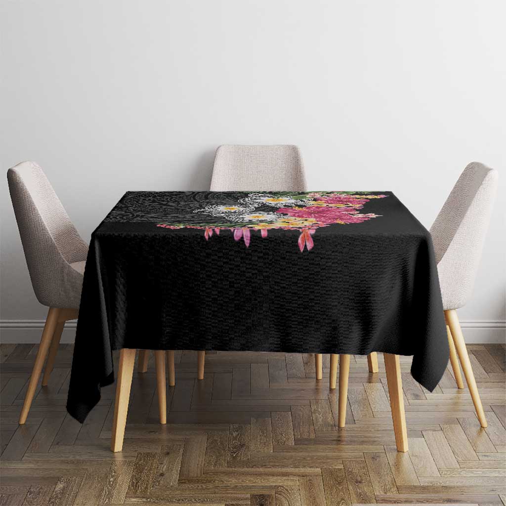 Hawaiian Tropical Flowers and Tribal Turtles Tablecloth Polynesian Art Motifs Black Color - Polynesian Pride