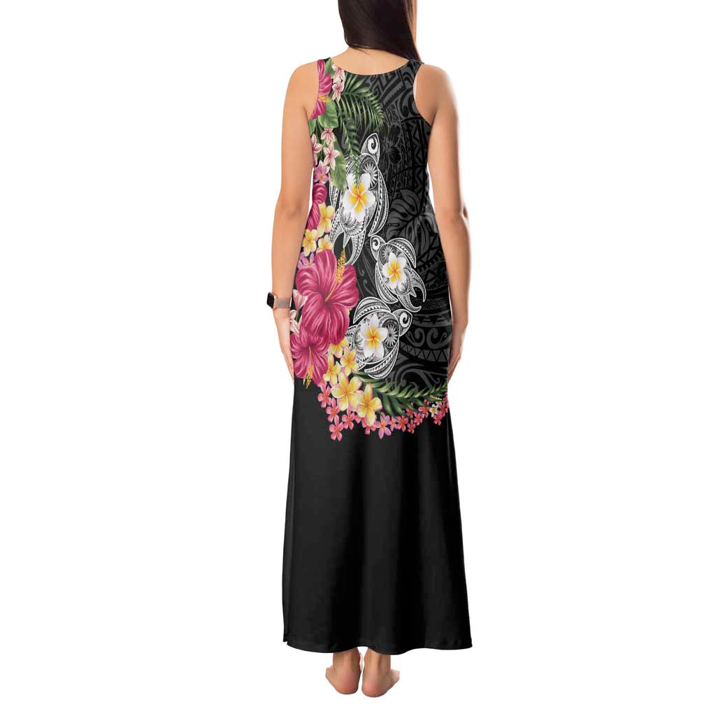 Hawaiian Tropical Flowers and Tribal Turtles Tank Maxi Dress Polynesian Art Motifs Black Color - Polynesian Pride