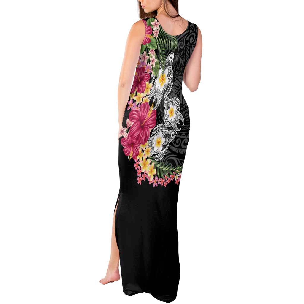 Hawaiian Tropical Flowers and Tribal Turtles Tank Maxi Dress Polynesian Art Motifs Black Color - Polynesian Pride