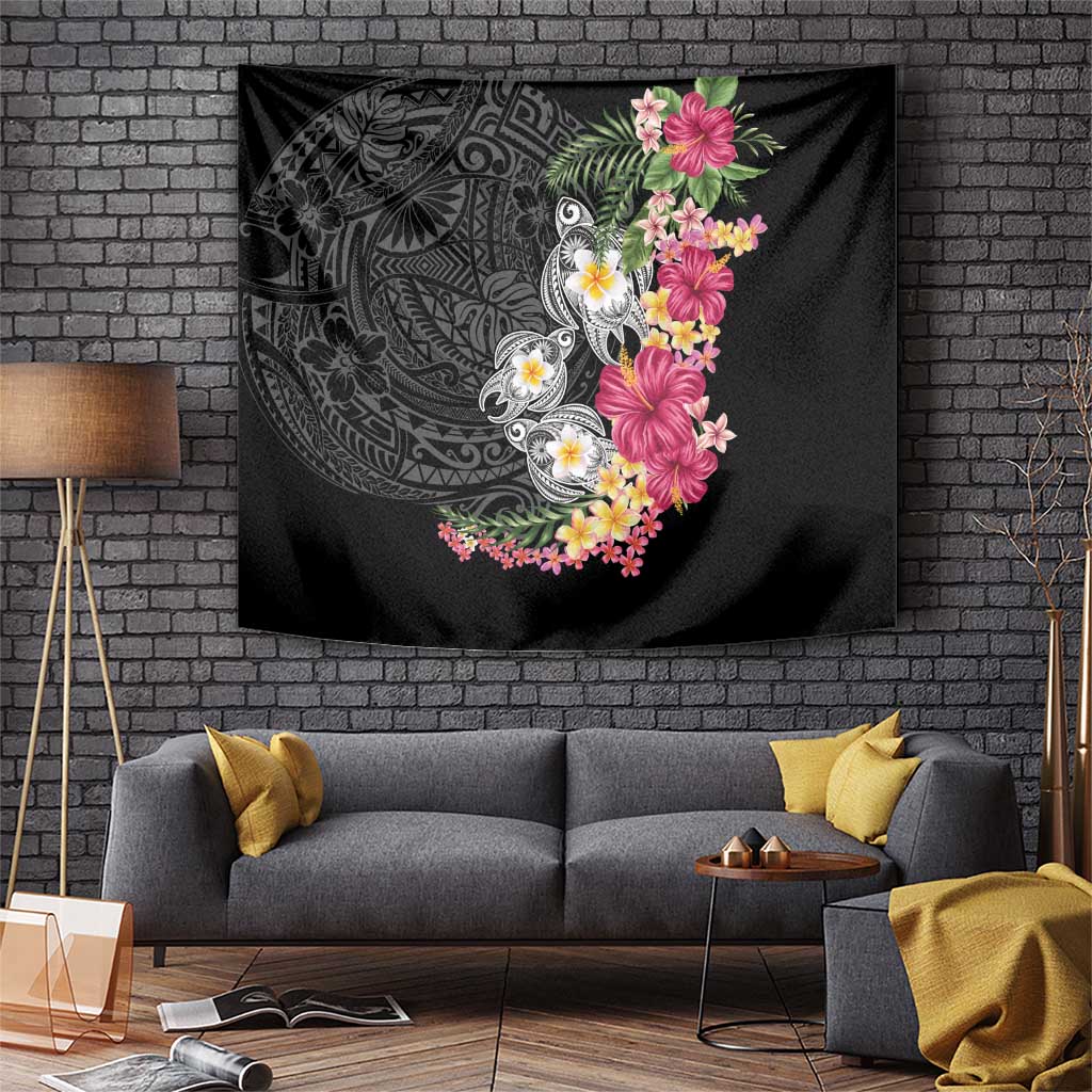 Hawaiian Tropical Flowers and Tribal Turtles Tapestry Polynesian Art Motifs Black Color - Polynesian Pride