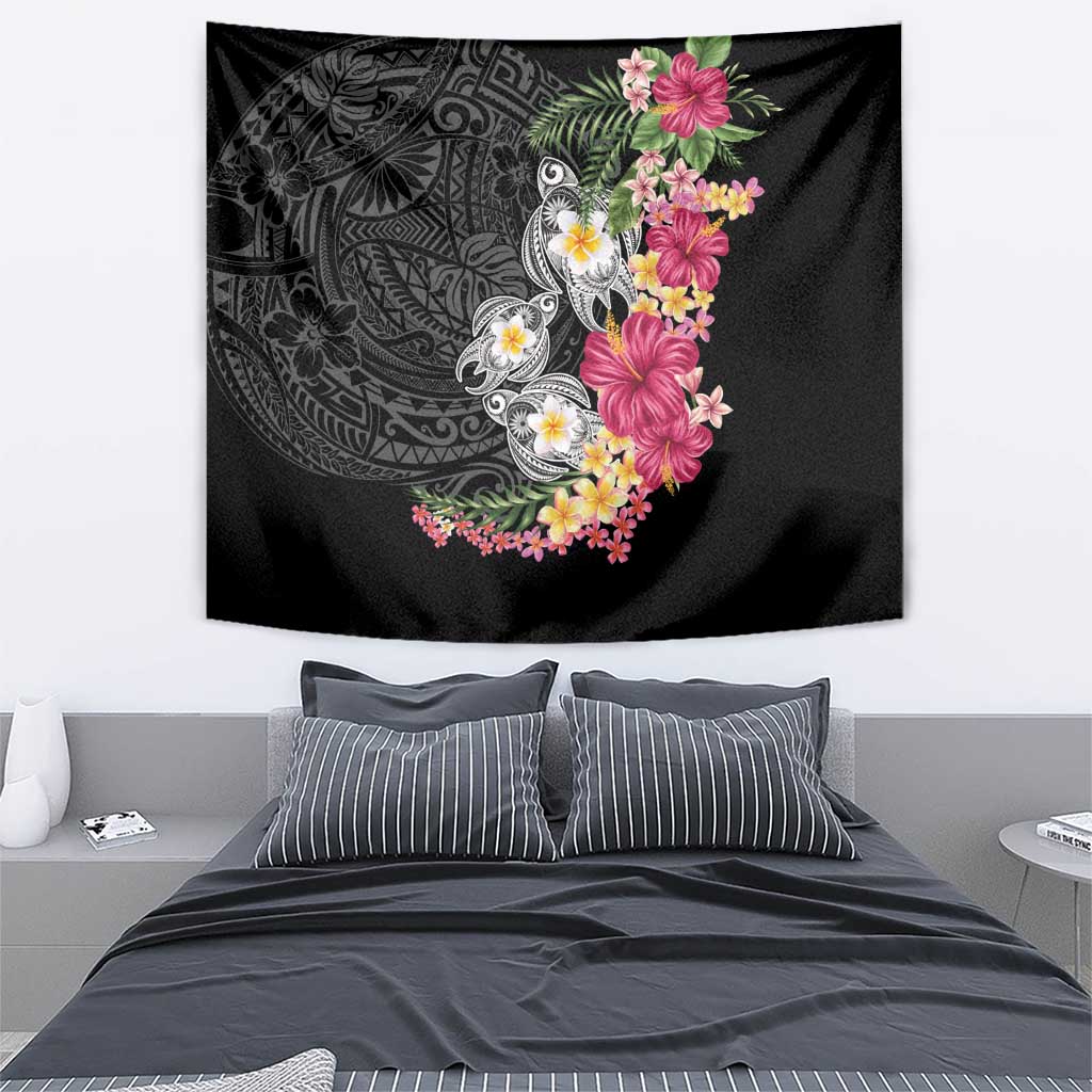 Hawaiian Tropical Flowers and Tribal Turtles Tapestry Polynesian Art Motifs Black Color - Polynesian Pride