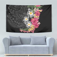 Hawaiian Tropical Flowers and Tribal Turtles Tapestry Polynesian Art Motifs Black Color - Polynesian Pride