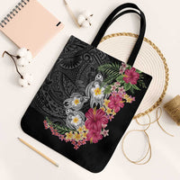 Hawaiian Tropical Flowers and Tribal Turtles Tote Bag Polynesian Art Motifs Black Color - Polynesian Pride