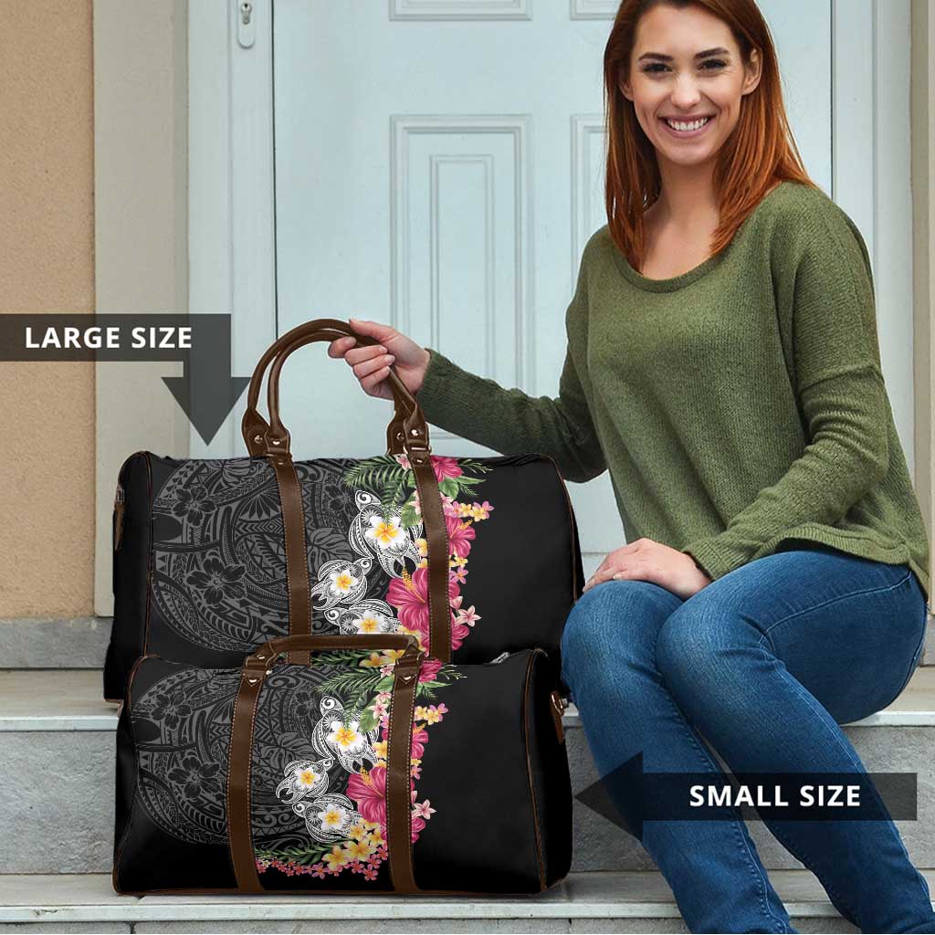 Hawaiian Tropical Flowers and Tribal Turtles Travel Bag Polynesian Art Motifs Black Color - Polynesian Pride