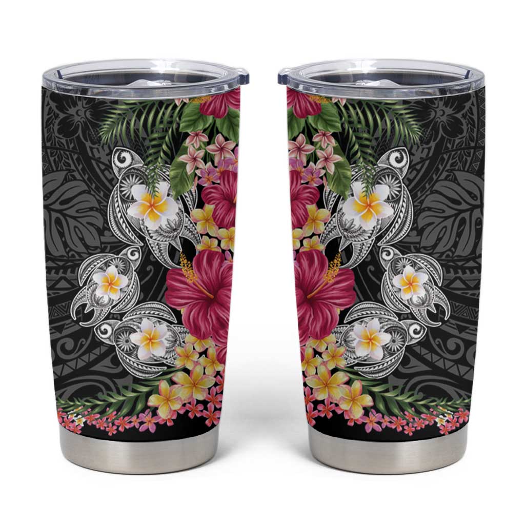 Hawaiian Tropical Flowers and Tribal Turtles Tumbler Cup Polynesian Art Motifs Black Color - Polynesian Pride