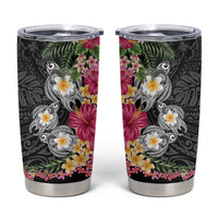 Hawaiian Tropical Flowers and Tribal Turtles Tumbler Cup Polynesian Art Motifs Black Color - Polynesian Pride