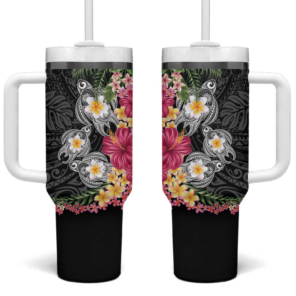 Hawaiian Tropical Flowers and Tribal Turtles Tumbler With Handle Polynesian Art Motifs Black Color - Polynesian Pride