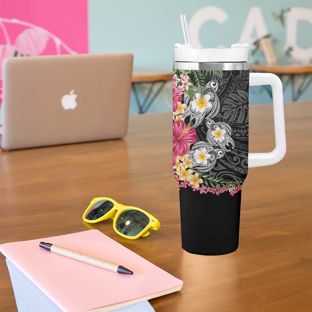 Hawaiian Tropical Flowers and Tribal Turtles Tumbler With Handle Polynesian Art Motifs Black Color - Polynesian Pride