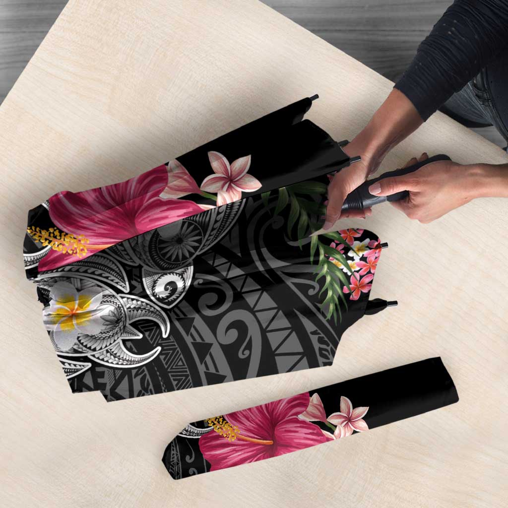 Hawaiian Tropical Flowers and Tribal Turtles Umbrella Polynesian Art Motifs Black Color - Polynesian Pride