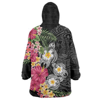 Hawaiian Tropical Flowers and Tribal Turtles Wearable Blanket Hoodie Polynesian Art Motifs Black Color - Polynesian Pride