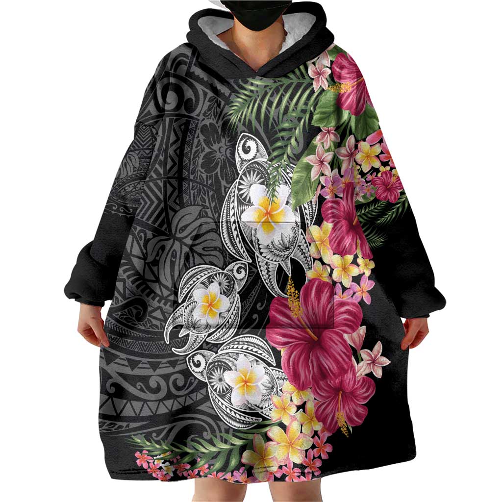 Hawaiian Tropical Flowers and Tribal Turtles Wearable Blanket Hoodie Polynesian Art Motifs Black Color - Polynesian Pride