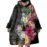 Hawaiian Tropical Flowers and Tribal Turtles Wearable Blanket Hoodie Polynesian Art Motifs Black Color - Polynesian Pride